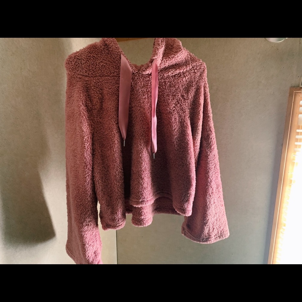 Pink Adam Levine fluffy drawstring sweater
